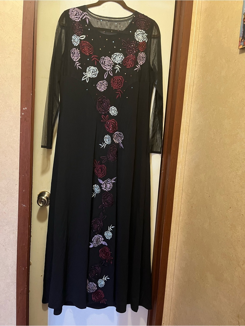 Midnight Velvet Black Long Sleeve Maxi Dress with Rose Embroidery